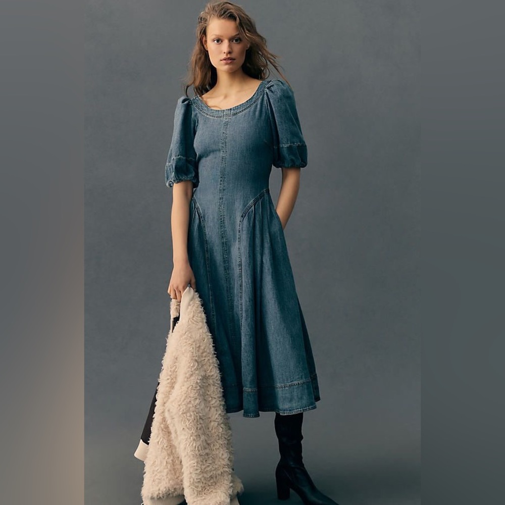 Pilcro Puff-Sleeve Seamed Denim Midi Dress - Anthropologie - Size M - NWT